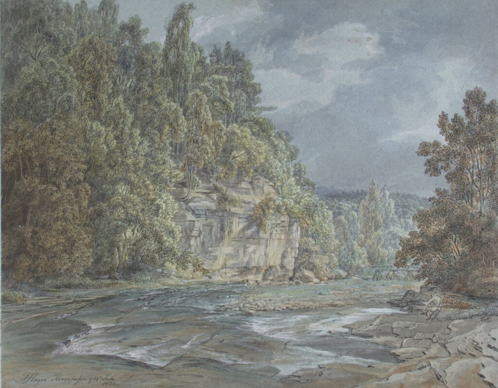 Pērses grava vietā, kur vēlāk izveidojās Pērses ūdenskritums, Augusta Matiasa Hāgena glezna, 1833. gada jūlijs.