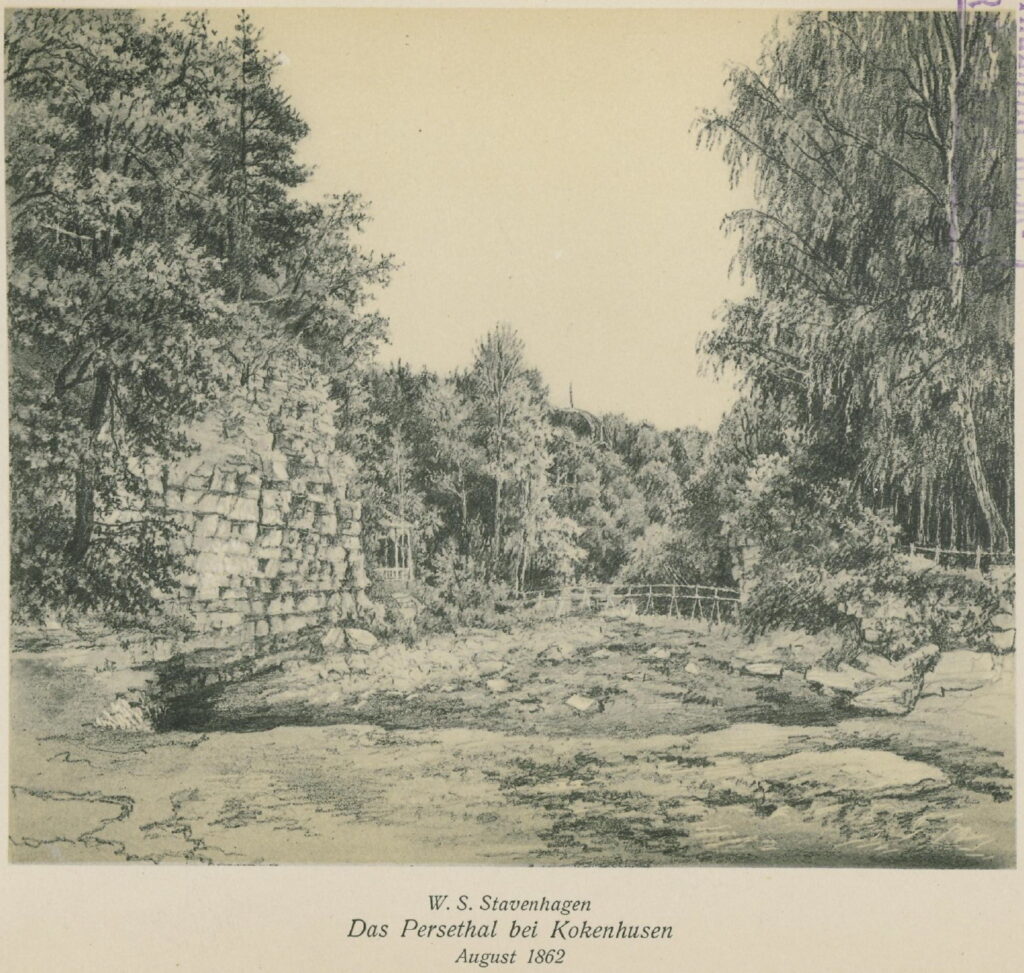 Pērses grava ar ūdenskritumu sākuma stadijā, Vihelma Zigfrīda Štafenhāgena zīmējums, 1862. gada augusts.