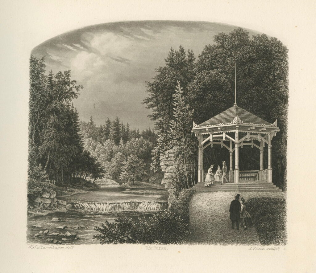 Pērses ūdenskritums un paviljons, kas celts, gatavojoties cara Aleksandra II vizītei Koknesē 1862.gada jūlijā, Vihelma Zigfrīda Štafenhāgena gravīra no 1866. gada albuma.