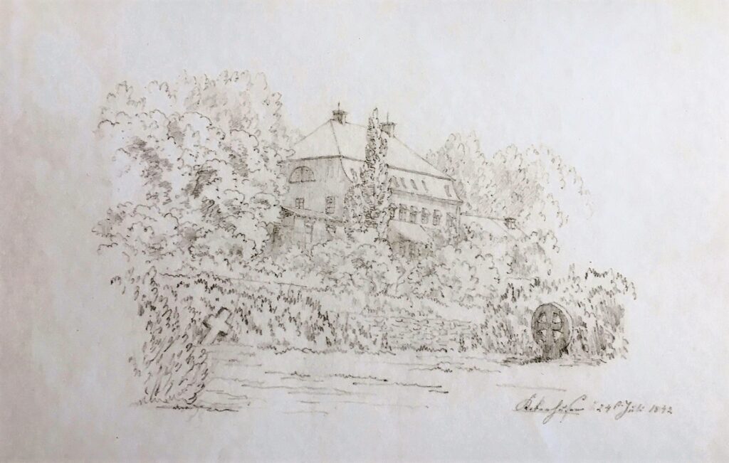 Kokneses muižas vecā pils, 1842. gads. Nepazīstama autora zīmējums.