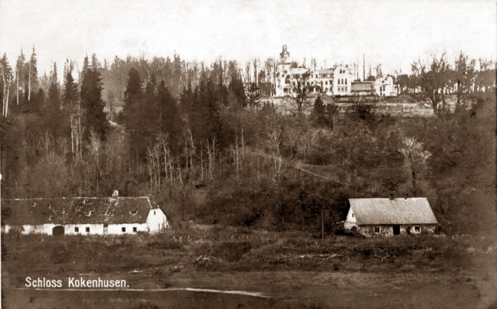 Skats uz sagrauto Jaunās muižas pili no Daugavas kreisā krasta, 1918. gads. Izdevniecības “Richter, Photo-Anstalt im Felde” izdota pastkarte.