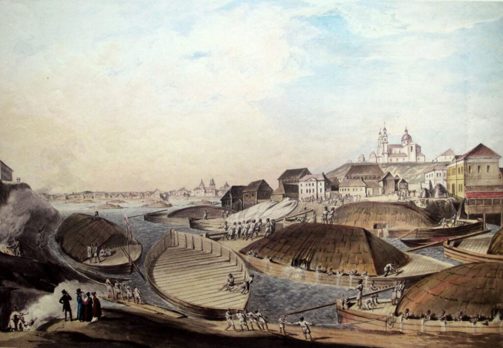 Strūgu būve Vitebskā, kur Vitbas upe ietek Daugavā, 1805. gads. Poļu mākslinieka Jozefa Peškas glezna.