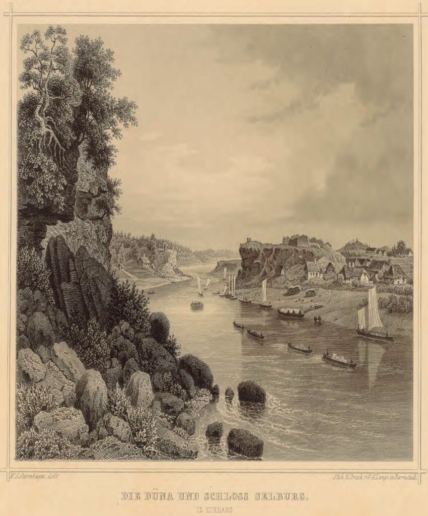 Strūgu un zēģeļlaivu satiksme Daugavā pie Sēlpils. V. Štafenhāgena gravīra no viņā 1866.gadā izdotā albūma.
